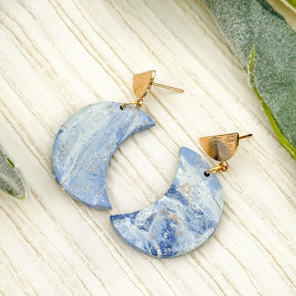 Janna Blue and Gold Marbled Scallop Celestial Moon Polymer Clay Earrings | faux stone, shades of blue, marble, gift for her, gift under 20