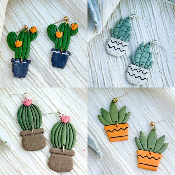 Potted Cactus and Succulents Polymer Clay Earrings | mother in law tongue, aloe, snake plant, zebra plant, moon cactus, agave plant earrings