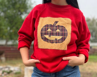 Upcycled jack-o-lantern pumpkin patchwork vintage crewneck