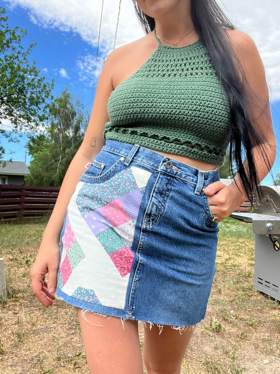 Upcycled patchwork denim mini skirt