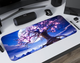 Ancient Tree Neon Lights and Moon Gaming Mousepad, Gamer Mouse Pad, Mouse Pad, Desk Mat, PC Gaming Accessories, Large Desk Mat, Desk Setup