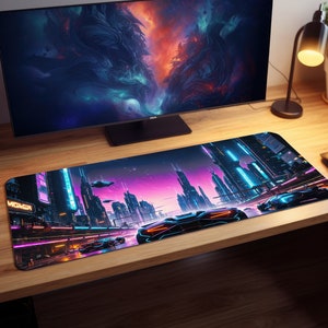 Futuristic Neon City With Super Cars Gaming Mousepad, Gamer Mouse Pad, Mouse Pad, Desk Mat, PC Gaming Accessory, Large Desk Mat, Desk Setup