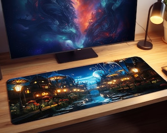 Fantasy River Town Lights Gaming Mousepad, Gamer Mouse Pad, Mouse Pad, Desk Mat, PC Gaming Accessories, Large Desk Mat, Desk Setup