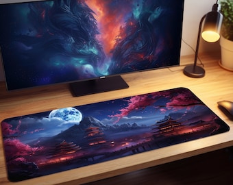 Night Japanese Palaces Full Moon Gaming Mousepad, Gamer Mouse Pad, Mouse Pad, Desk Mat, PC Gaming Accessories, Large Desk Mat, Desk Setup