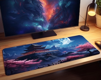 Night Japanese Large Palace Full Moon Gaming Mousepad, Gamer Mouse Pad, Mouse Pad, Desk Mat, PC Gaming Accessory, Large Desk Mat, Desk Setup