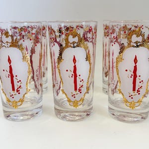 Set of 6 MCM Christmas Candle Highball Glasses, 22K Gold, Probably Culver