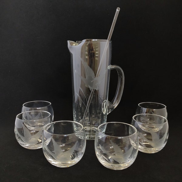 West Virginia Glass Cocktail Set, MCM, Hand Cut Design