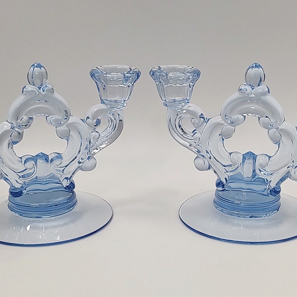 Cambridge Moonlight Blue Keyhole 2-light Candlesticks, a Pair