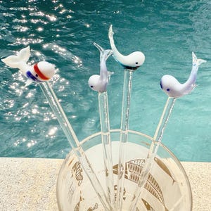 Set of 4 Vintage Murano Glass Whale Swizzle Sticks, Hand-made