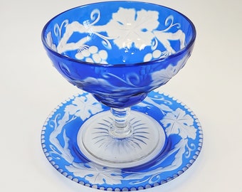 Stevens and Williams Cobalt Cut To Clear Compote and Underplate, Edwardian, Rare