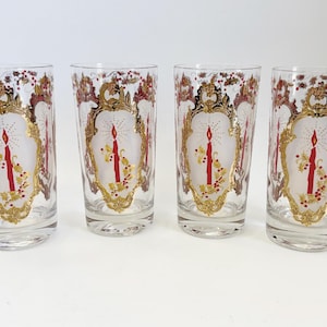 Set of 4 MCM Christmas Candle Highball Glasses, 22K Gold, Probably Culver