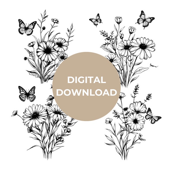 Bundle, Vintage Floral Butterfly PNG, Digital Download, Retro Flower Print Tee, Botanical Garden Shirt, Boho Chic Floral Top, Bohemian Style