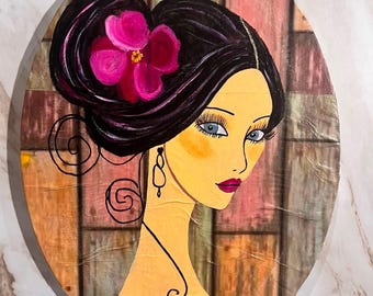 Original Hand-Painted Woman Portrait | Whimsical Oval Canvas Art, Floral Hair