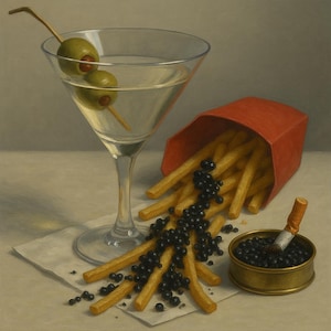 Wydruk artystyczny Funky Martini Caviar | Frytki Pop Art | Modna cyfrowa sztuka ścienna | Plakat do druku martwej natury | Pobierz styl malarstwa olejnego