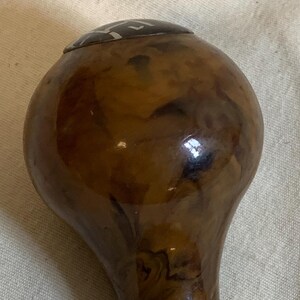 以下が含まれることがあります： 暗い模様のトップが付いた、茶色の球根状のオブジェクト。オブジェクトは光沢のある研磨仕上げで、茶色と琥珀色の渦巻き模様があります。オブジェクトのベースはわずかに先細りになっています。