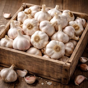 May include: A wooden crate overflowing with fresh white garlic bulbs. Several cloves are scattered around the crate on a wooden surface. The garlic bulbs have a papery outer layer and a textured base.