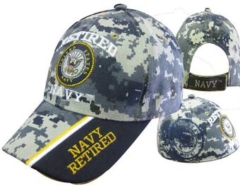 Navy Retired, w/Navy Seal, Baseball Cap/Hat, w/ Navy Retired on Bill and Navy on Back (Camouflage)