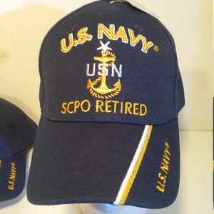 Rank, E8. U.S. Navy SCPO Retired Blue Baseball Cap/Hat, w/U.S.Navy on Bill and Back