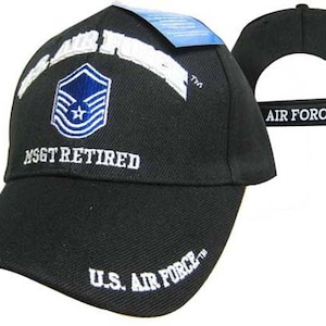 Rank, E7. U.S. Air force, , MSGT, Master Sergeant. Baseball Cap/hat, w/Shadow W/Air force on Brim & Back {Black}