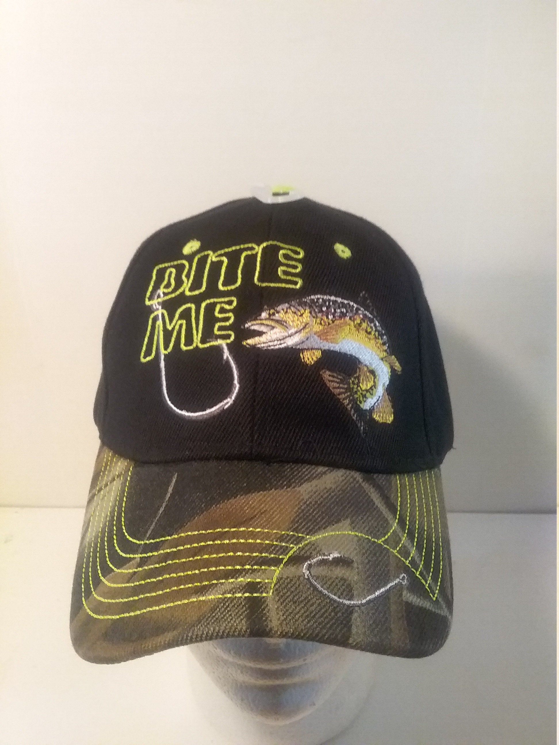 Bite Me (Trout) w/Hook and Fish Black and Camouflage Bill, Baseball Cap/Hat, with Hook On Bill and Bite Me On Back (3 Color Combos)