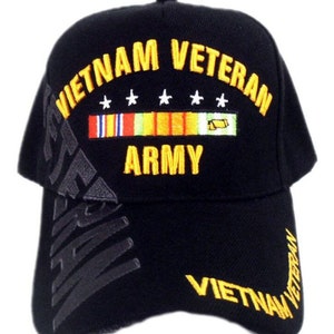 Vietnam Veteran, Army, Black Baseball Cap/hat, w/Veteran Shadow, w/Vietnam Veteran on Bill and Back