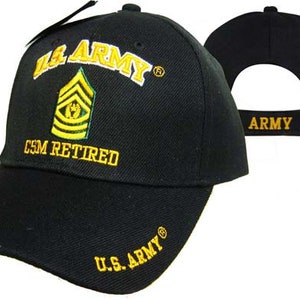 Rank, E9, U.S. Army CSM Retired, Black Baseball Cap/Hat w\U.S. Army on Brim & Army on Back