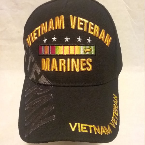 Vietnam Veteran, Marines, Baseball Cap/hat, w/Veteran Shadow and w/Vietnam Veteran on bill and back. (Black)