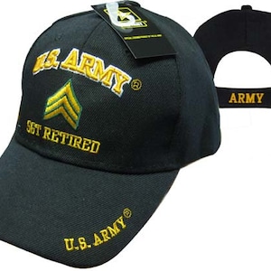 Rank, E5 SGT, Retired, U.S. Army Sergeant, Black Baseball cap w/SGT Shadow and w\U.S. Army on bill & back