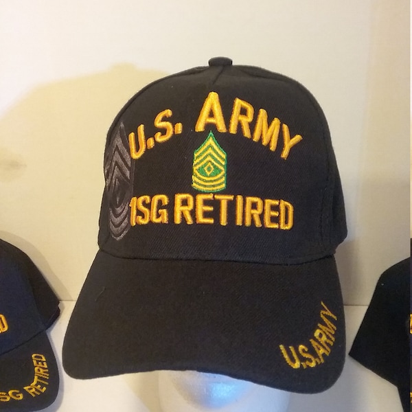 Rank, E8, U.S. Army 1SG Retired, Black Baseball cap w/1SG Shadow and w\U.S. Army on bill & back