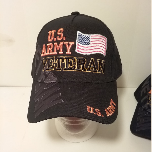 Army Veteran, w/Flag, Baseball Cap/hat, w/Shadow Veteran, w/U.S. Army on bill and on back. 2 Colors