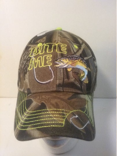 Bite Me trout W/hook and Fish Black and Camouflage Bill, Baseball