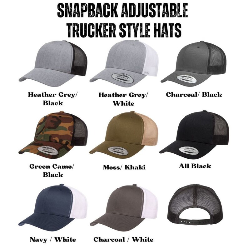 May include: Nine different trucker style hats with adjustable snapbacks. The hats are in various colors and patterns, including heather grey, charcoal, green camo, moss, khaki, navy, and black.