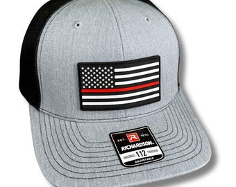 Red Line American Flag PVC Patch Hat - Firefighter Support Thin Red Line Cap - FLEXFIT Fitted, Richardson 112, Ponytail hat