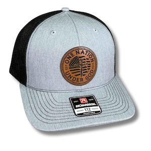 One Nation Under God Hat – American Flag Cross Patch Hat – Custom Laser Engraved Trucker, Fitted, or Ponytail Cap