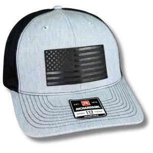 Blackout American Flag Richardson 112 Trucker Hat, Laser Engraved Leatherette Patch