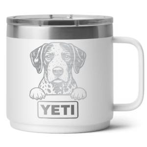 May include: White Yeti mug with a silver rim and handle. The mug features a detailed illustration of a dog's face with a spotted coat. The word "YETI" is printed in a rectangular box at the bottom.