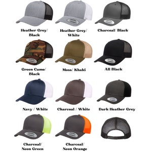 May include: A selection of 12 trucker hats in various colours and patterns. The hats are all black mesh with a different coloured front panel. The front panels include heather grey, white, charcoal, green camo, moss, navy, charcoal with white, dark heather grey, charcoal with neon green, and charcoal with neon orange.
