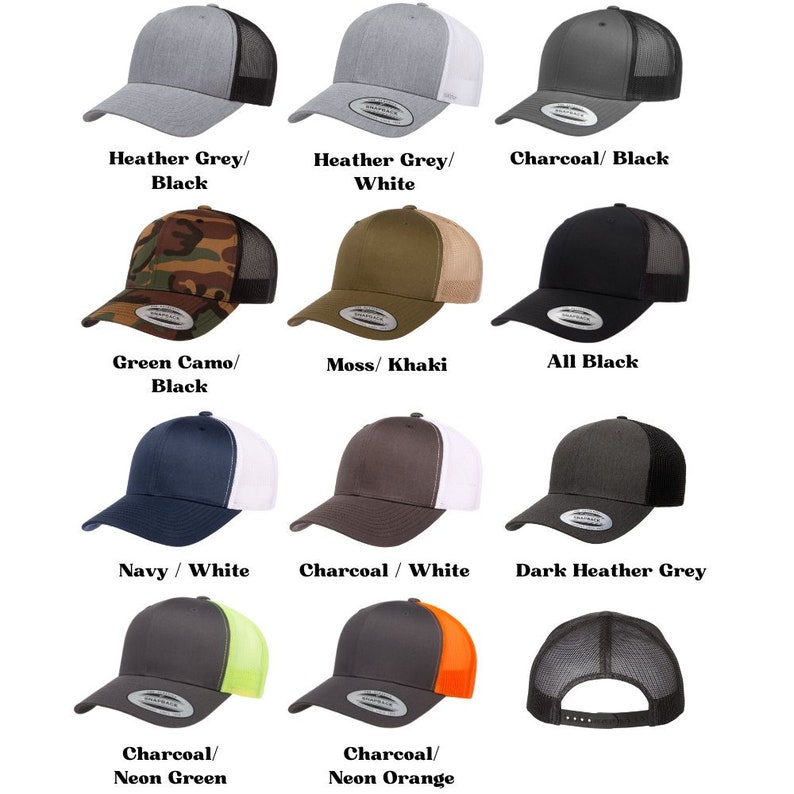 May include: A selection of 12 trucker hats in various colours and patterns. The hats are all black mesh with a different coloured front panel. The front panels include heather grey, white, charcoal, green camo, moss, navy, charcoal with white, dark heather grey, charcoal with neon green, and charcoal with neon orange.
