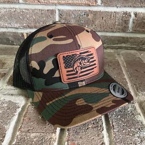 Fishing Distressed American Flag Green Camo / Black Snapback Trucker Hat