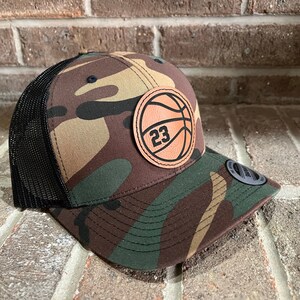 Basketball Personalized Player Number Leather Patch Hat green camo/black