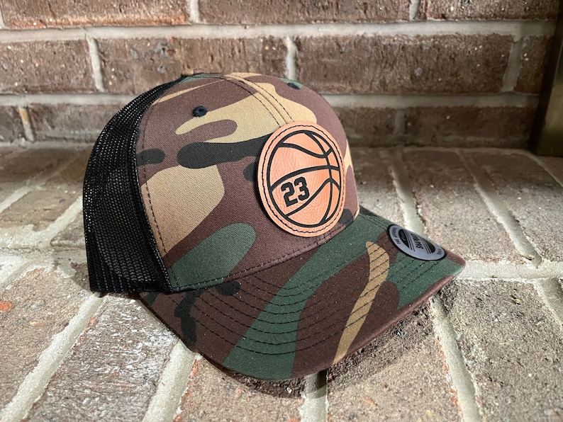 Basketball Personalized Player Number Leather Patch Hat green camo/black