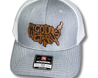 In God We Trust Hat – USA Map Patch Hat – Custom Laser Engraved Trucker, Fitted, or Ponytail Cap