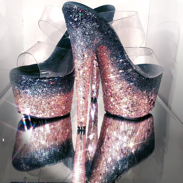 Rose Oro ombre bling tacones altos pistola metal gris brillo negro 7"pulgadas plataforma stripper pole bailarín bailarín bailarín por favor stiletto