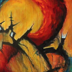 May include: Abstract painting with bold strokes of red, yellow, and blue. The painting features a large, swirling red shape in the upper right corner, and a black, branching shape that extends across the canvas.