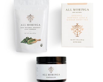Essential Moringa Wellness Starter Kit com pó de folhas de moringa orgânica