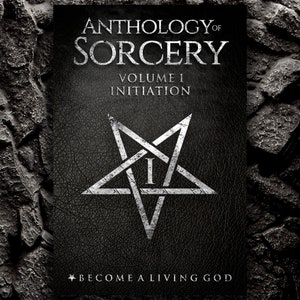 May include: A black leather-bound book with the title "Anthology of Sorcery Volume I Initiation" and a silver pentagram with the Roman numeral "I" in the center. The text "Become a Living God" is at the bottom of the book.