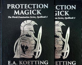 May include: A black leather-bound book with silver lettering titled "Protection Magick" and "The World Domination Series, Spellbook 4". The cover features a silver illustration of a warrior in armor holding a sword.