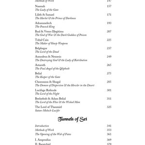 May include: A black and white book with the title "Qliphothic Invocations & Evocations" and "Tunnels of Set". The book lists a table of contents with names and page numbers.