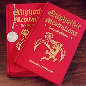 May include: Two red hardcover books with gold lettering titled "Qliphothic Meditations" by Asenath Mason. The book on the right has a gold dragon illustration and the text "Become a Living God".