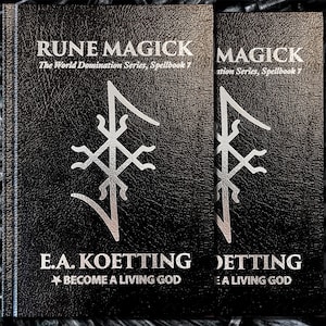 May include: Two black books with silver lettering and symbols. The text on the books reads "RUNE MAGICK" and "MAGICK", with the author's name and the phrase "BECOME A LIVING GOD". The books are part of "The World Domination Series, Spellbook 7".